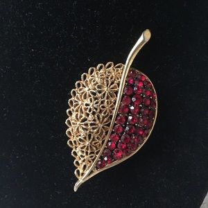 Vintage Karu Signed Red Rhinestone Leaf Pin